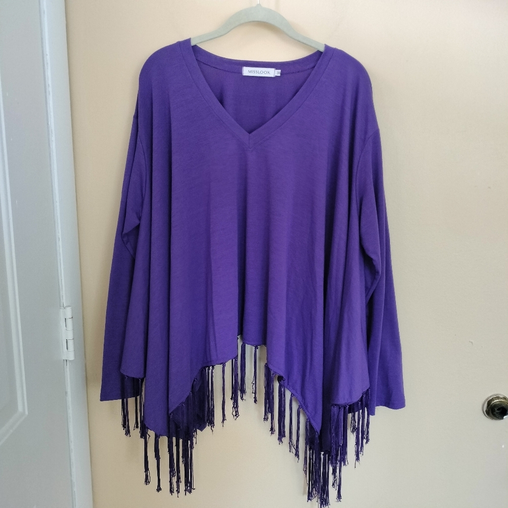 MissLook Purple Fringe Handkerchief Hem Cotton Blend Top 3X Lagenlook Western